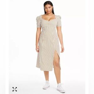 DANIELLE BERNSTEIN Puff Sleeve Cream and Brown Striped Midi Dress w/ Slit Sz 12